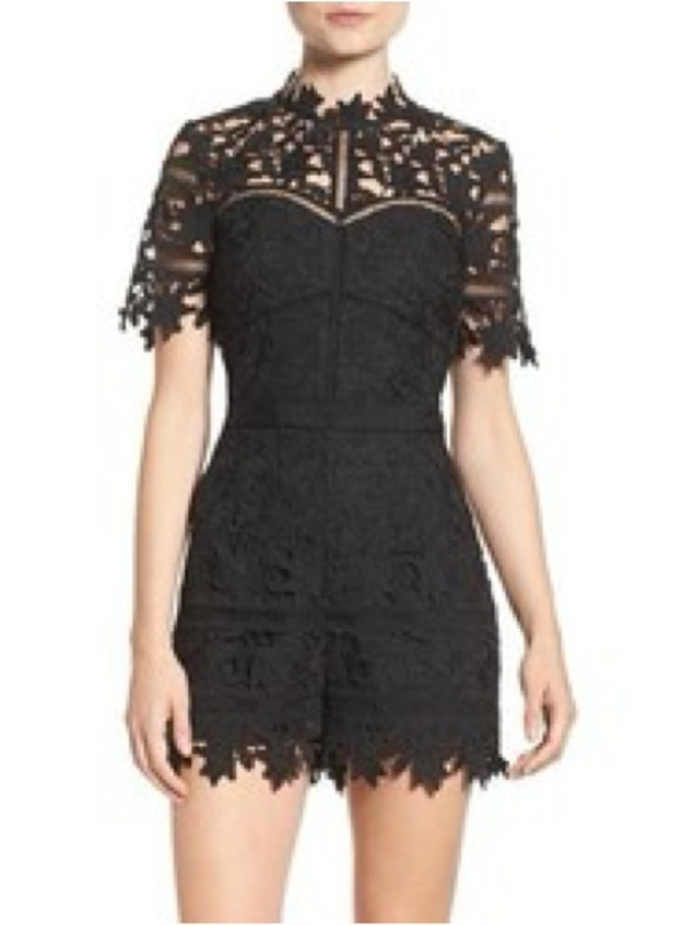 Adelyn Rae Black Lace Short Sleeve Romper Size Medium Mock Neck Boho Festival